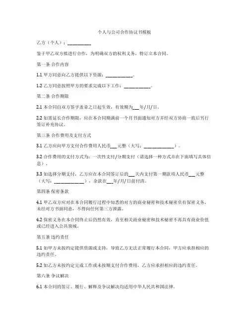 个人与公司合作协议书模板