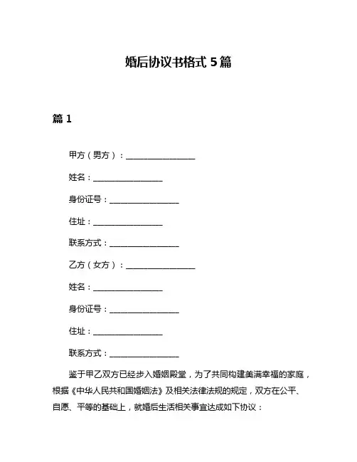 婚后协议书格式5篇