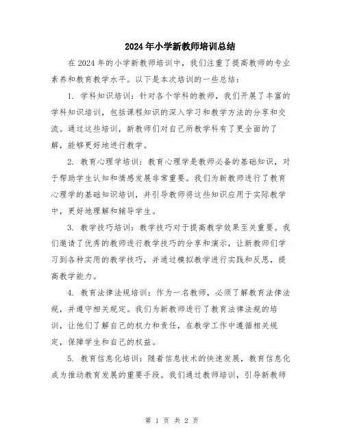 2024年小学新教师培训总结