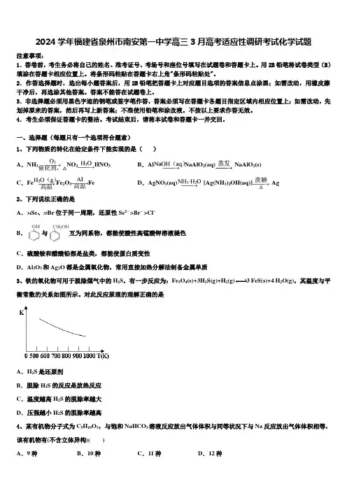2024学年福建省泉州市南安第一中学高三3月高考适应性调研考试化学试题含解析