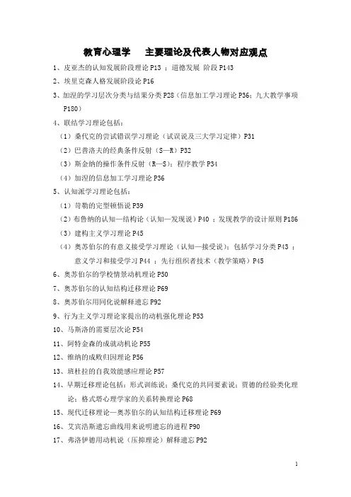 教育心理学   主要理论及代表人物对应观点