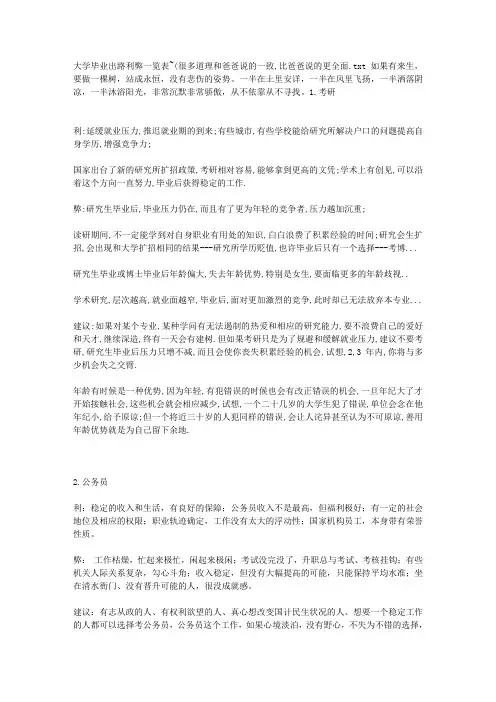 大学毕业出路利弊一览表~(很多道理和爸爸说的一致,比爸爸说的更全面