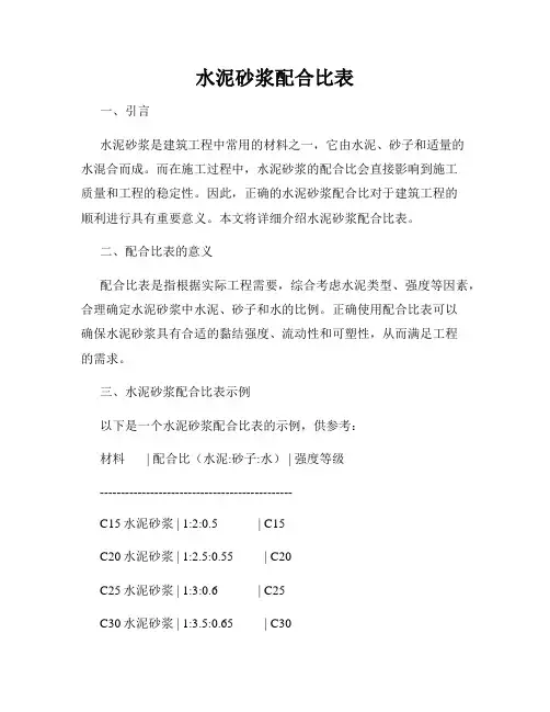 水泥砂浆配合比表