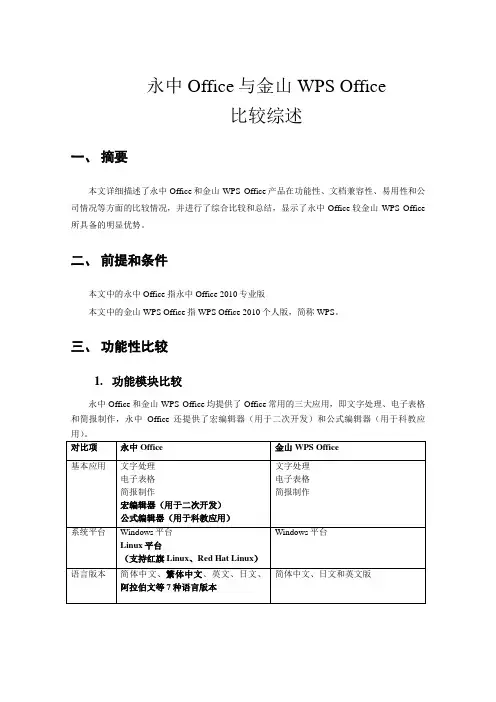 永中Office与金山WPSOffice比较综述