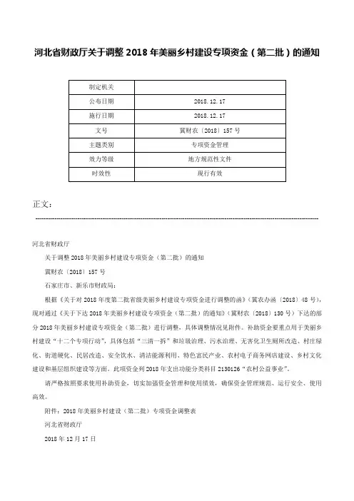 河北省财政厅关于调整2018年美丽乡村建设专项资金（第二批）的通知-冀财农〔2018〕157号