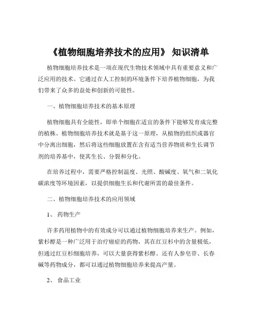 《植物细胞培养技术的应用》 知识清单