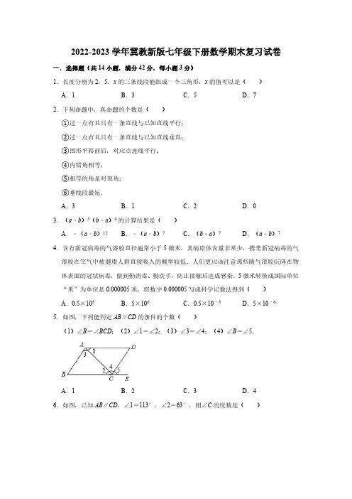 2022-2023学年冀教新版七年级下册数学期末复习试卷(含解析)