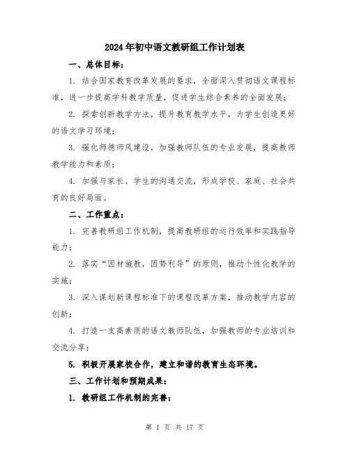2024年初中语文教研组工作计划表(5篇)