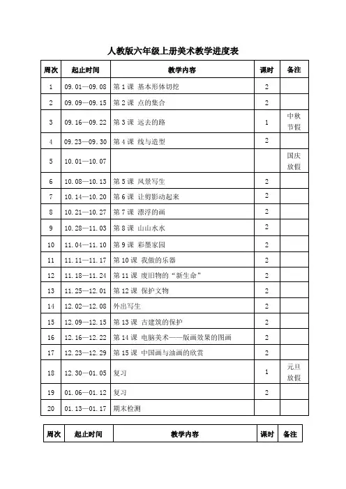 人教版六年级上册美术教学进度表