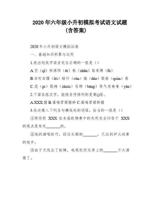 2020年六年级小升初模拟考试语文试题(含答案)