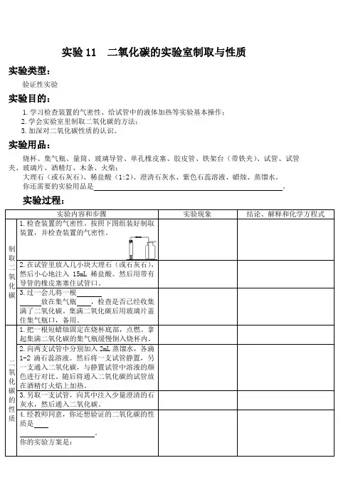 实验11  二氧化碳的实验室制取与性质 初中化学实验报告