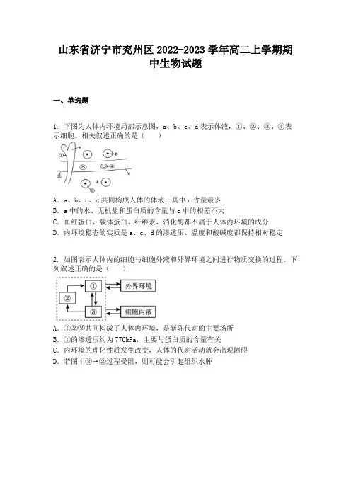 山东省济宁市兖州区2022-2023学年高二上学期期中生物试题