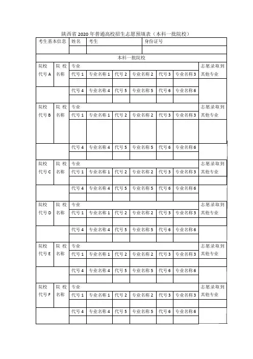2020年志愿填报表