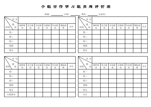小组合作学习组员日评价表(数学)