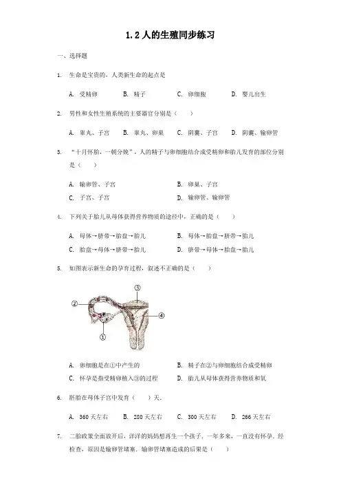 人教版七年级下册生物1.2人的生殖同步练习