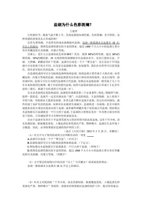 盐湖为什么色彩斑斓(2023年湖南衡阳中考语文试卷说明文阅读题及答案)