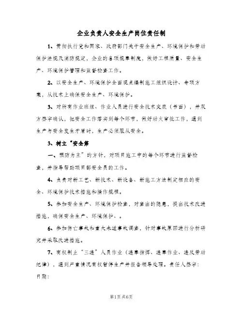 企业负责人安全生产岗位责任制(六篇)