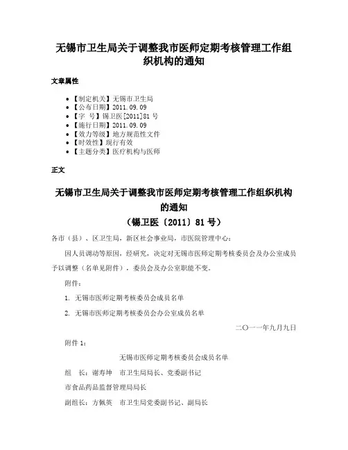 无锡市卫生局关于调整我市医师定期考核管理工作组织机构的通知