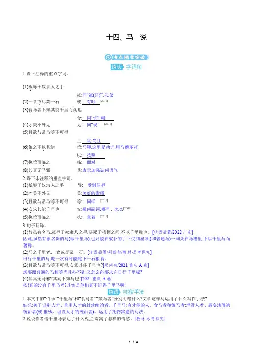 2023年中考语文复习第一部分古诗文阅读专题一文言文阅读训练——马说