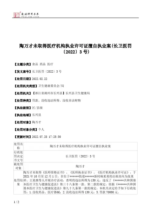 陶万才未取得医疗机构执业许可证擅自执业案(长卫医罚〔2022〕3号)