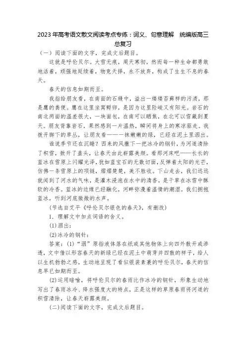 2023年高考语文散文阅读考点专练：词义、句意理解  统编版高三总复习