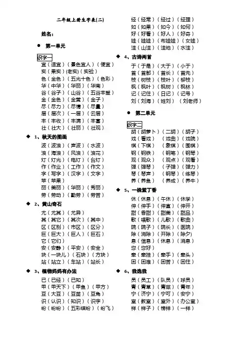 语文二级上册生字表二生字组词