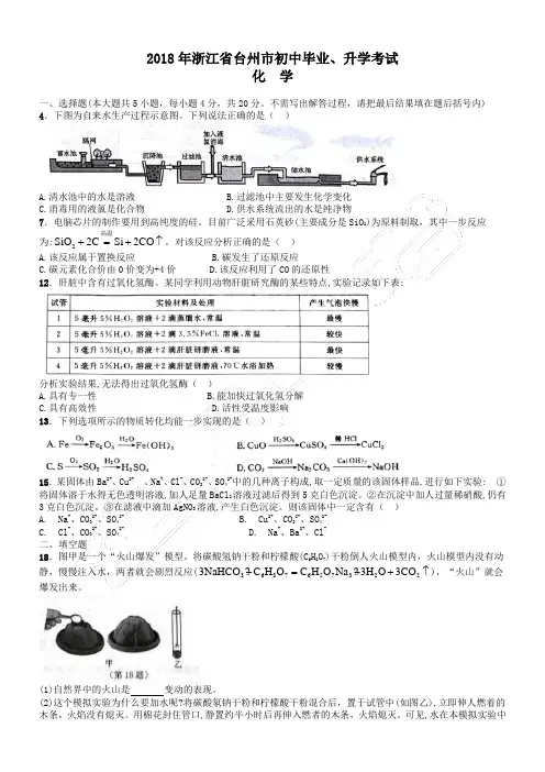 2018年浙江省台州市化学中考真题(含解析)