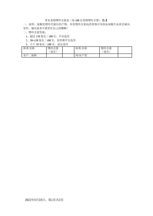嘌呤含量表