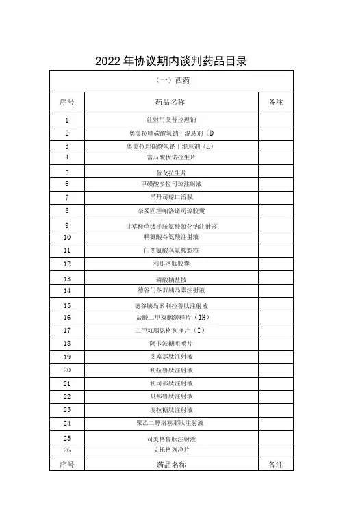 2022年协议期内谈判药品目录