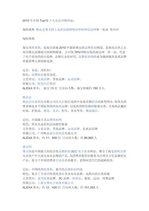 2010年中国Top10十大名品导购网站