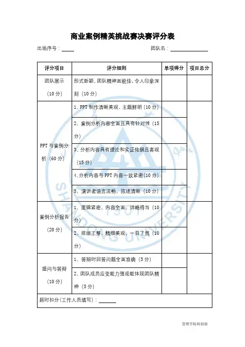 商业案例精英挑战赛决赛评分表【模板】