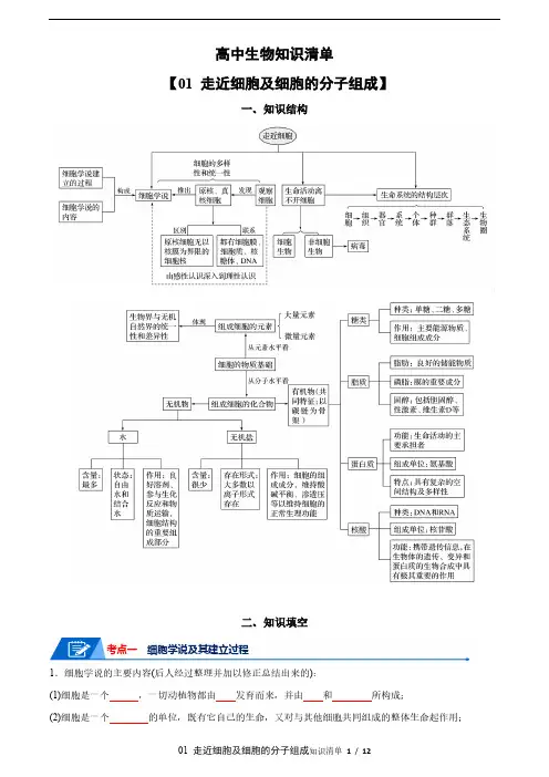 高中生物知识清单(新课标人教版)01走近细胞及细胞的分子组成(含答案)