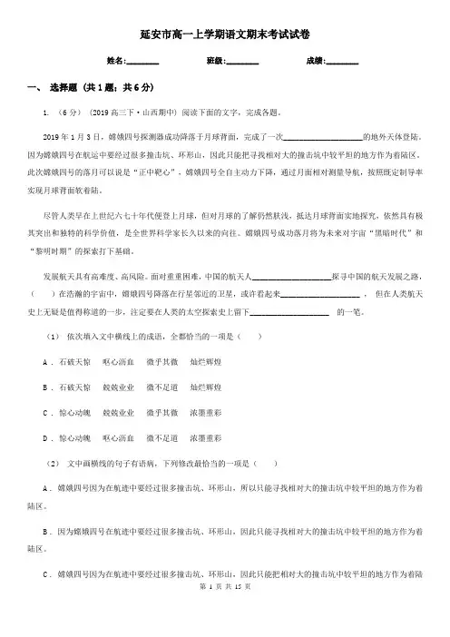 延安市高一上学期语文期末考试试卷