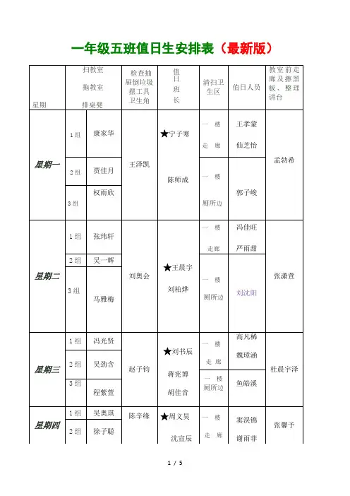 一年级五班值日生安排表