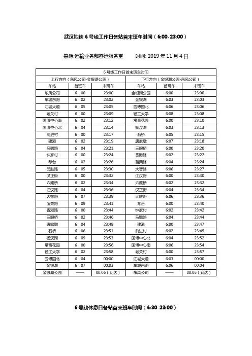 武汉地铁6号线各站首末班车时间(官方更新时间  2019年11月4日)