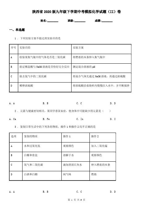 陕西省2020版九年级下学期中考模拟化学试题(II)卷(模拟)
