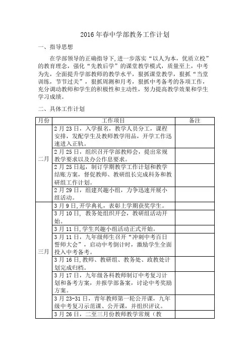 2016年春中学部教务工作计划
