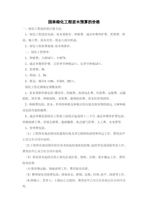 园林绿化工程苗木预算的价格