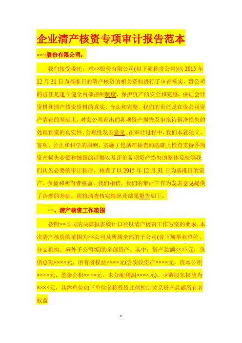 企业清产核资专项审计报告范本