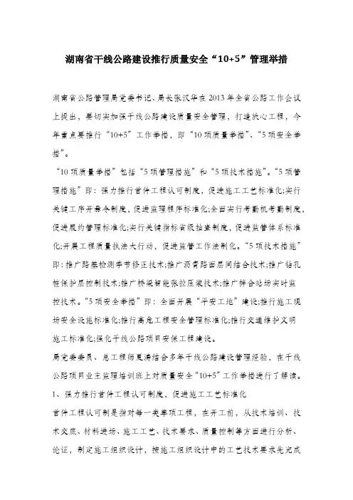 湖南省干线公路建设推行质量安全“10+5”管理举措.docx
