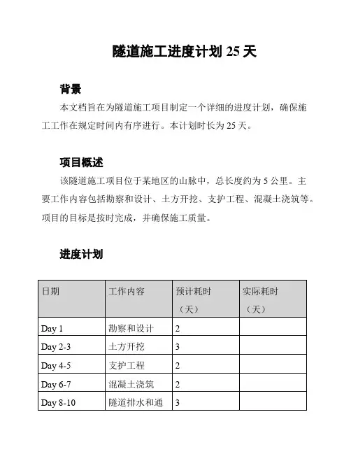 隧道施工进度计划25天