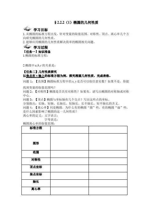 人教新课标版数学高二B版选修2-1导学案 第二章 椭圆性质1