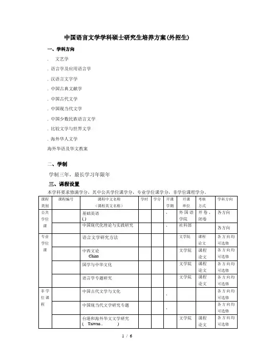 中国语言文学学科硕士研究生培养方案