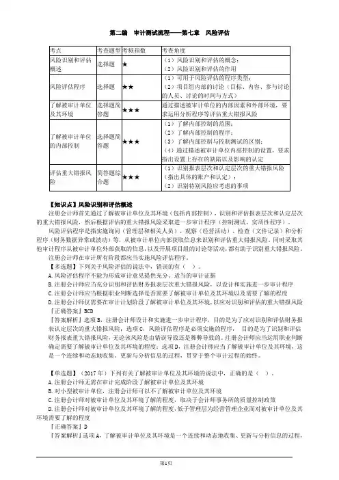 注册会计师-《审计》习题精讲-第七章 风险评估(7页)
