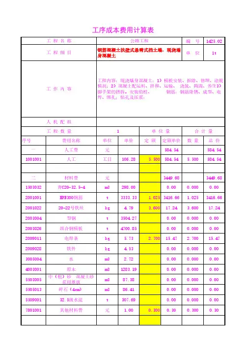 钢筋混凝土扶壁式悬臂式挡土墙,现浇墙身混凝土  工序成本单价20年3月