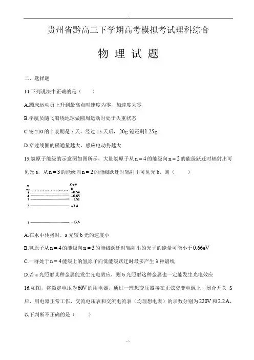 贵州省黔东南州2020届高三下学期高考模拟考试理科综合物理试题_word版含参考答案(精校版)