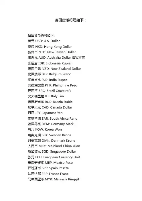 各国货币符号如下：