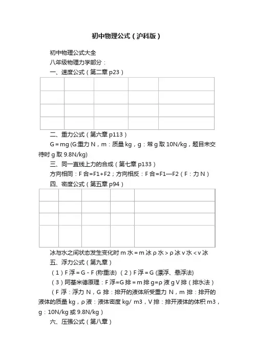 初中物理公式（沪科版）