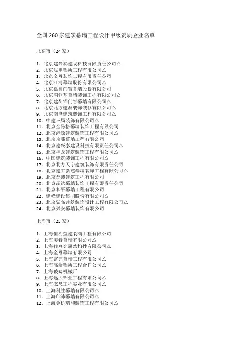 全国260家建筑幕墙工程设计甲级资质企业名单