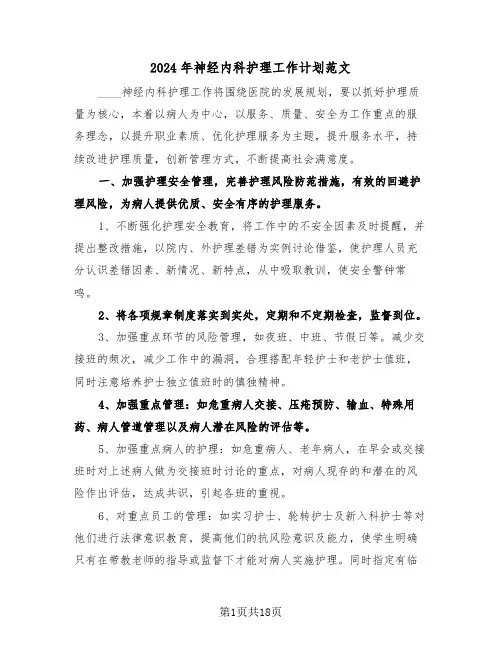 2024年神经内科护理工作计划范文(五篇)